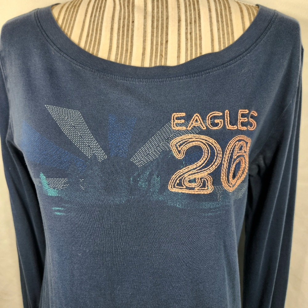 Old Navy Blue Long Sleeve Cotton Eagles 26 Graphic Top Size Large - Picture 2 of 9